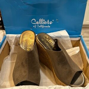 NWT Callisto of California Sawyer Taupe Suede Wedge/Mule Sandals